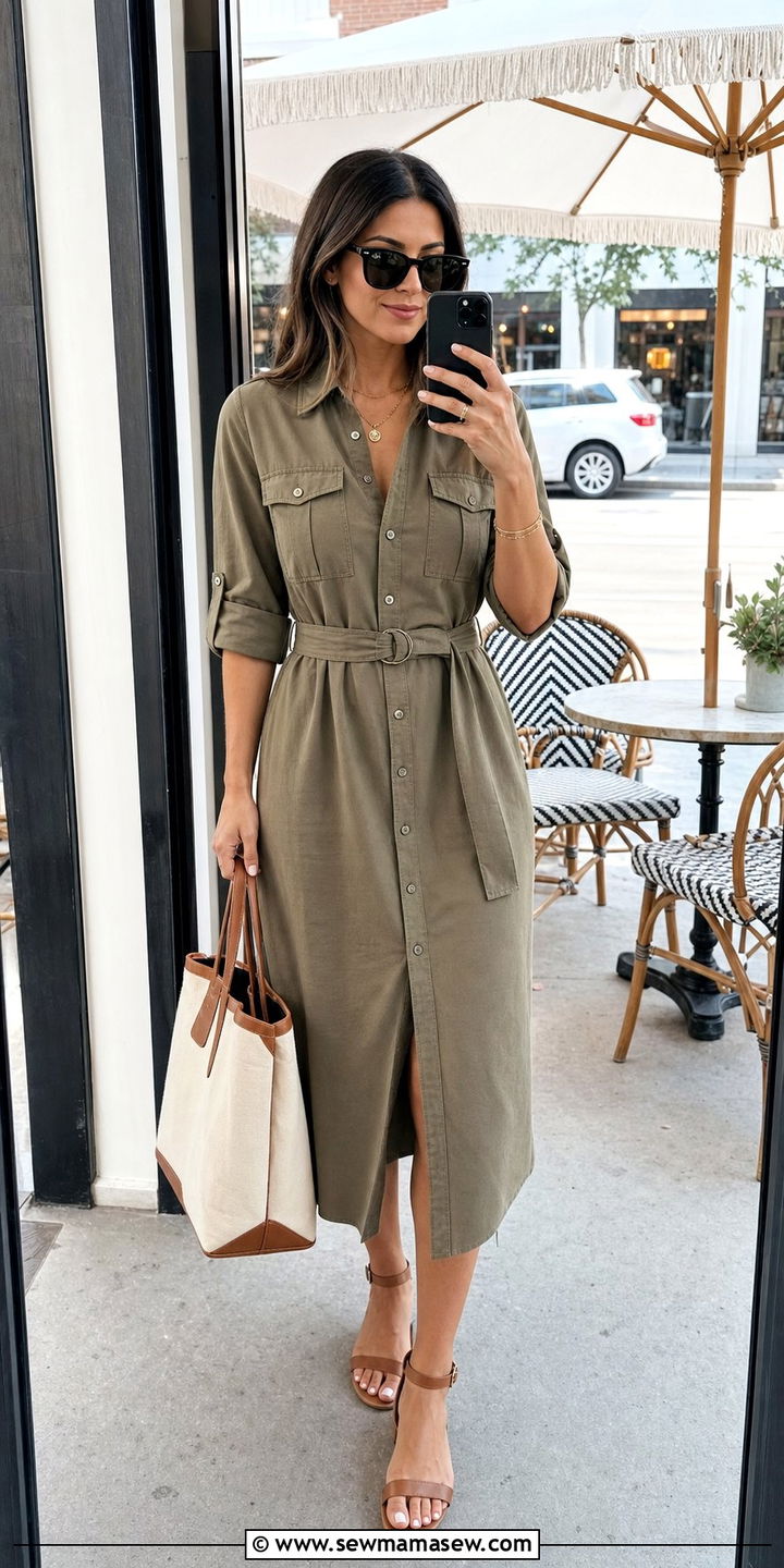 Khaki Shirt Dress With Tan Sandals - 25 Shirt dress outfit ideas with sandals