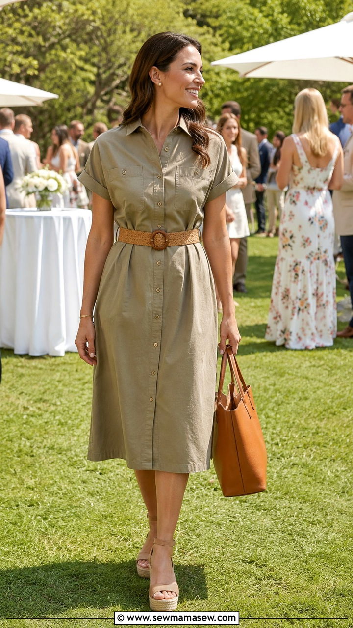 Khaki Shirt Dress with a Woven Belt and Neutral Wedges - 30 Spring outfits in neutral