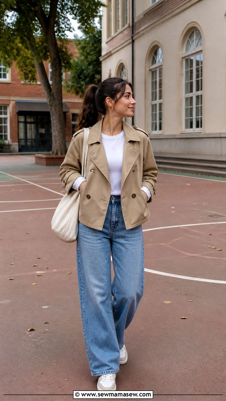 Khaki Short Trench Coat With Baggy Jeans - 40 teacher outfits ideas