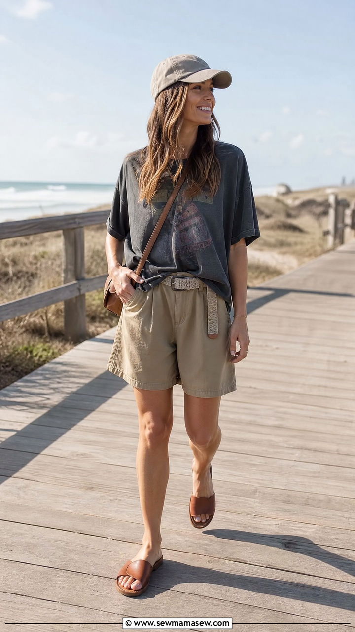Khaki Shorts With Oversized T Shirt And Sandals - 30 summer khaki outfit ideas