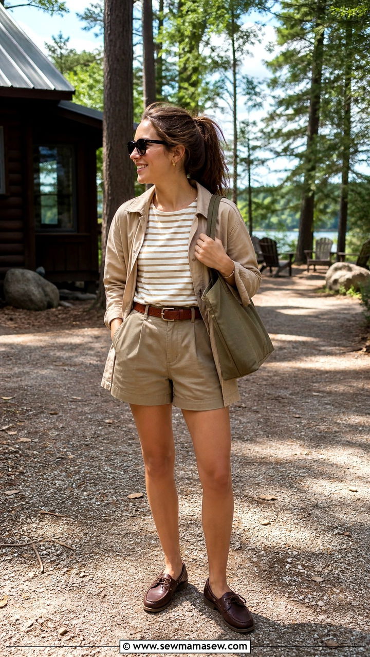 Khaki Shorts With Striped Tee Safari Outfit - 40 Safari outfit ideas