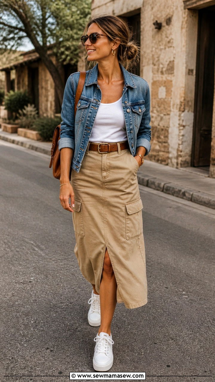 Khaki Skirt With Denim Jacket Safari Outfit - 40 Safari outfit ideas