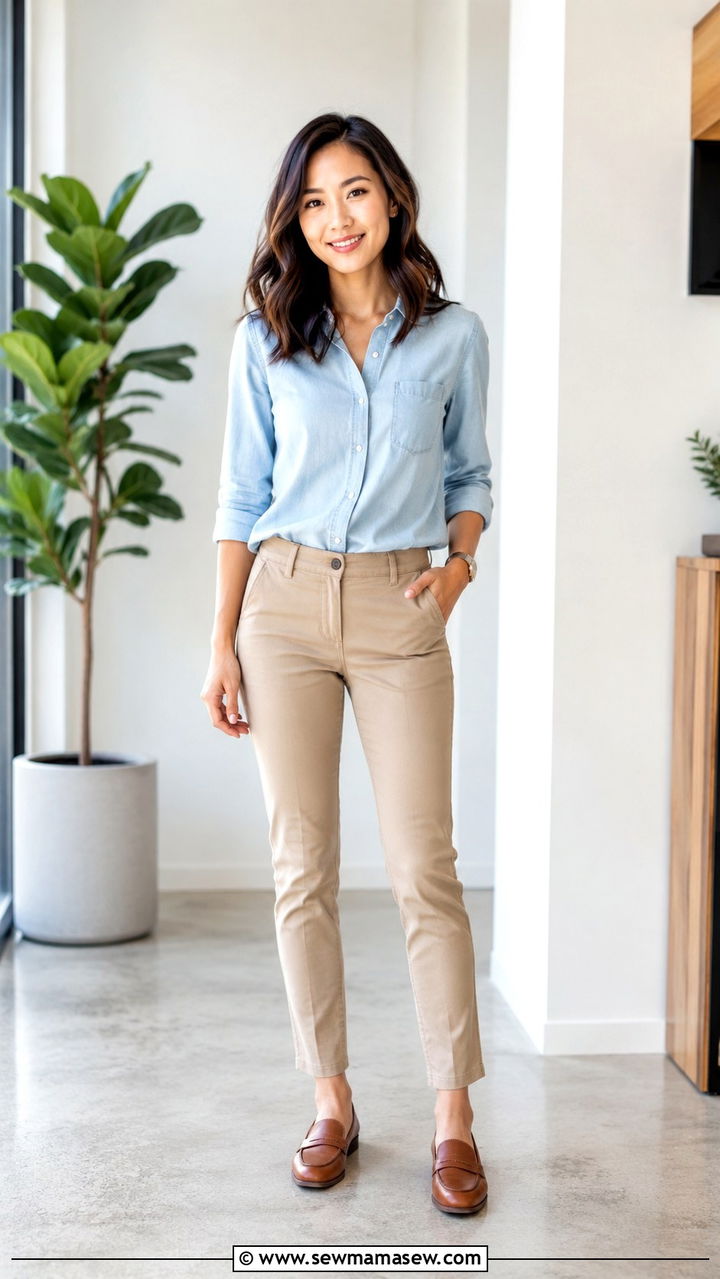 Khaki Slim Fit Chinos With a Chambray Button Down - 25 Petite work outfit ideas with pants