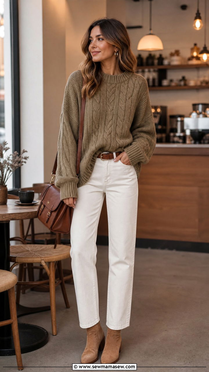 Khaki Sweater with White Jeans - 25 Khaki and white outfit ideas