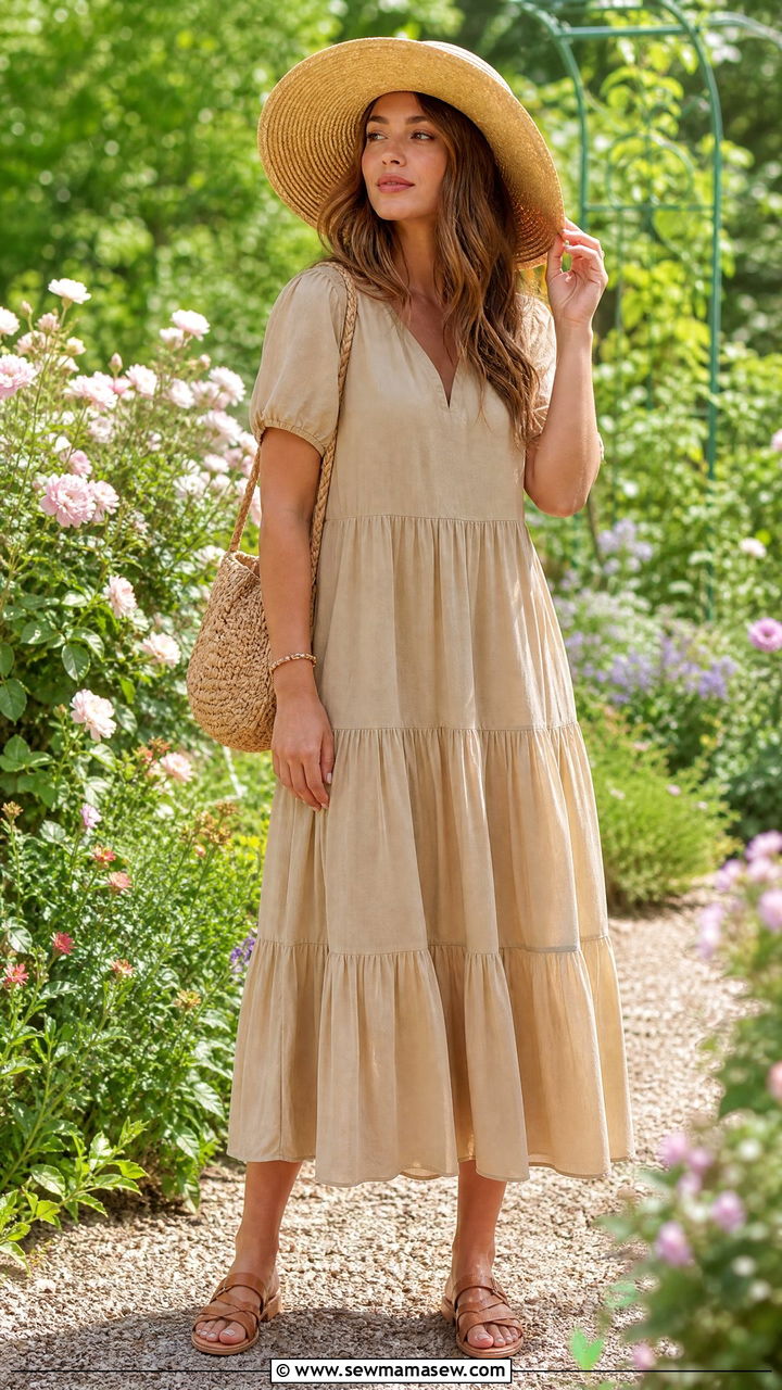 Khaki Tiered Midi Dress With Sandals And Sun Hat - 30 summer khaki outfit ideas