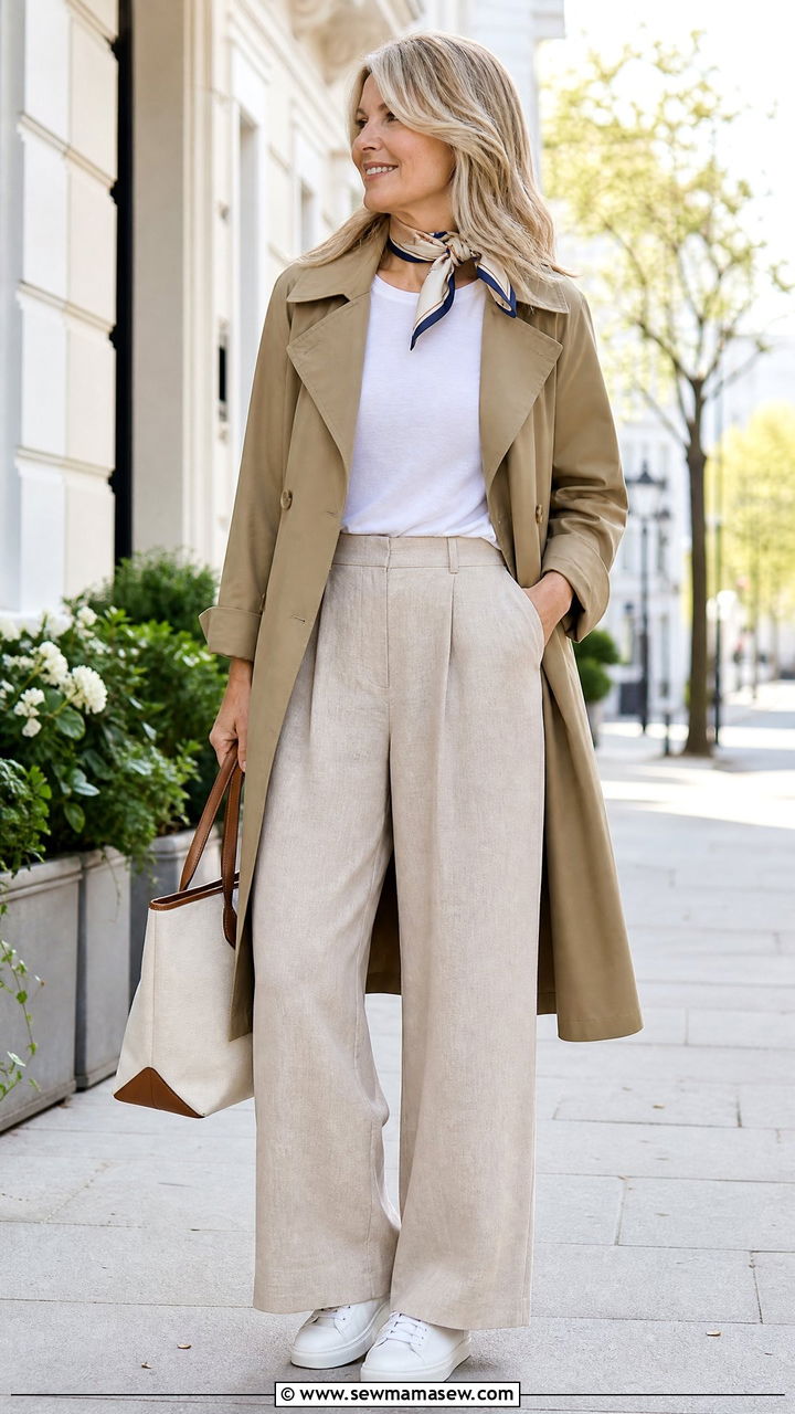 Khaki Trench Coat And Relaxed Linen Pants Outfit - 30 Coastal grandmother spring outfits