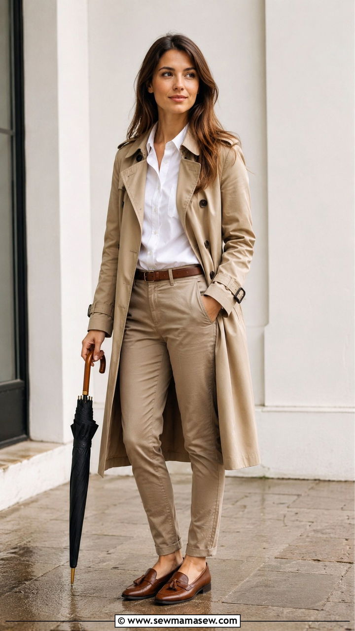 Khaki Trench Coat With A Button Down Shirt And Chinos - 30 Khaki trench coat outfit ideas for rain