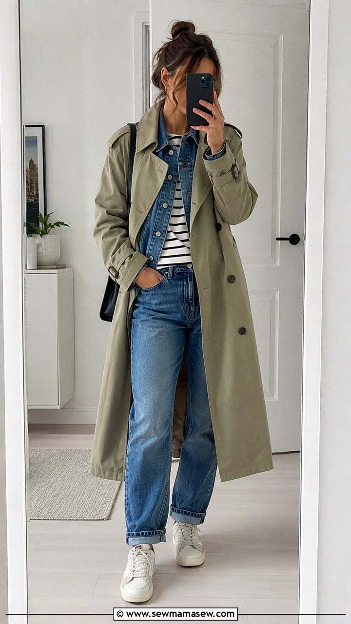 Khaki Trench Coat With A Denim Jacket Layer And Sneakers - 30 Khaki trench coat outfit ideas for rain