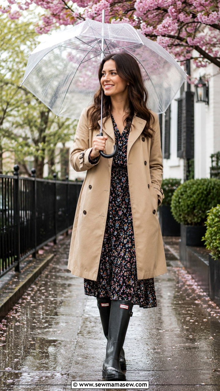 Khaki Trench Coat With A Floral Dress And Rain Boots - 30 Khaki trench coat outfit ideas for rain