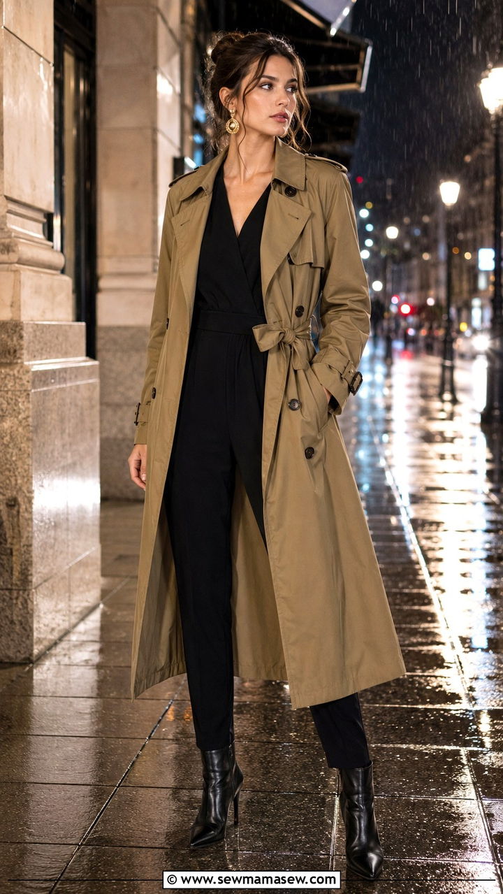 Khaki Trench Coat With A Jumpsuit And Heeled Boots - 30 Khaki trench coat outfit ideas for rain