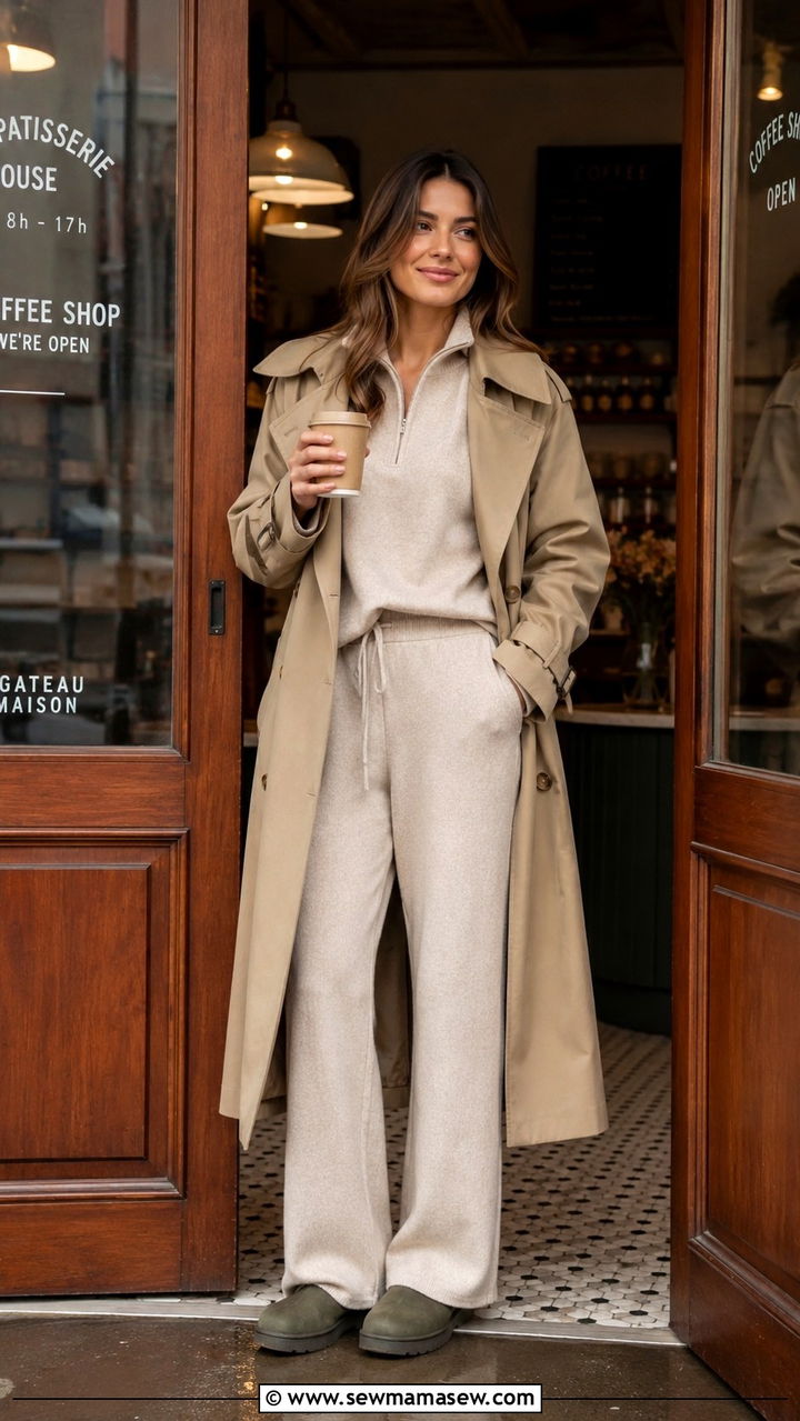 Khaki Trench Coat With A Knit Set And Waterproof Clogs - 30 Khaki trench coat outfit ideas for rain