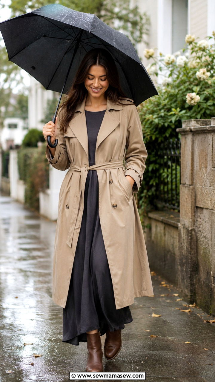 Khaki Trench Coat With A Maxi Dress And Flat Ankle Boots - 30 Khaki trench coat outfit ideas for rain