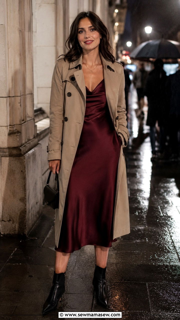 Khaki Trench Coat With A Midi Slip Dress And Ankle Boots - 30 Khaki trench coat outfit ideas for rain