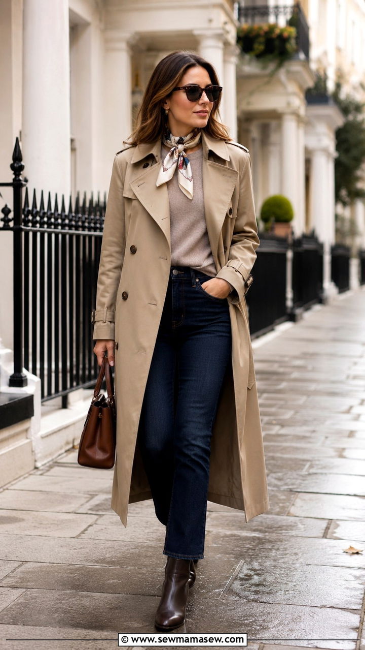 Khaki Trench Coat With A Silk Scarf And Dark Wash Jeans - 30 Khaki trench coat outfit ideas for rain