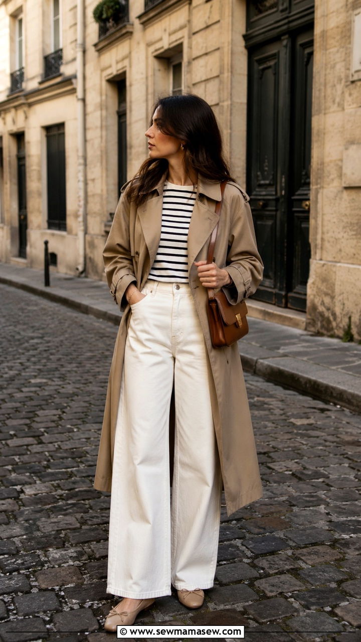 Khaki Trench Coat With A Striped Shirt And Wide Leg Pants - 30 Khaki trench coat outfit ideas with wide leg pants