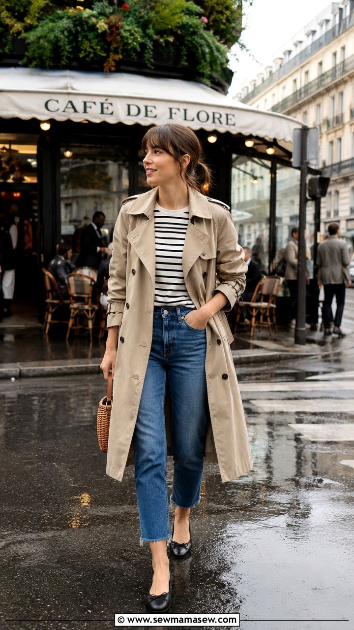 Khaki Trench Coat With A Striped Top And Cropped Jeans - 30 Khaki trench coat outfit ideas for rain