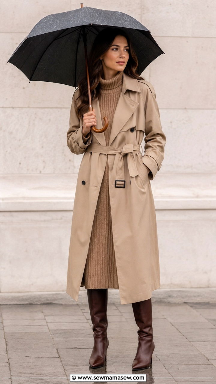 Khaki Trench Coat With A Sweater Dress And Knee High Boots - 30 Khaki trench coat outfit ideas for rain