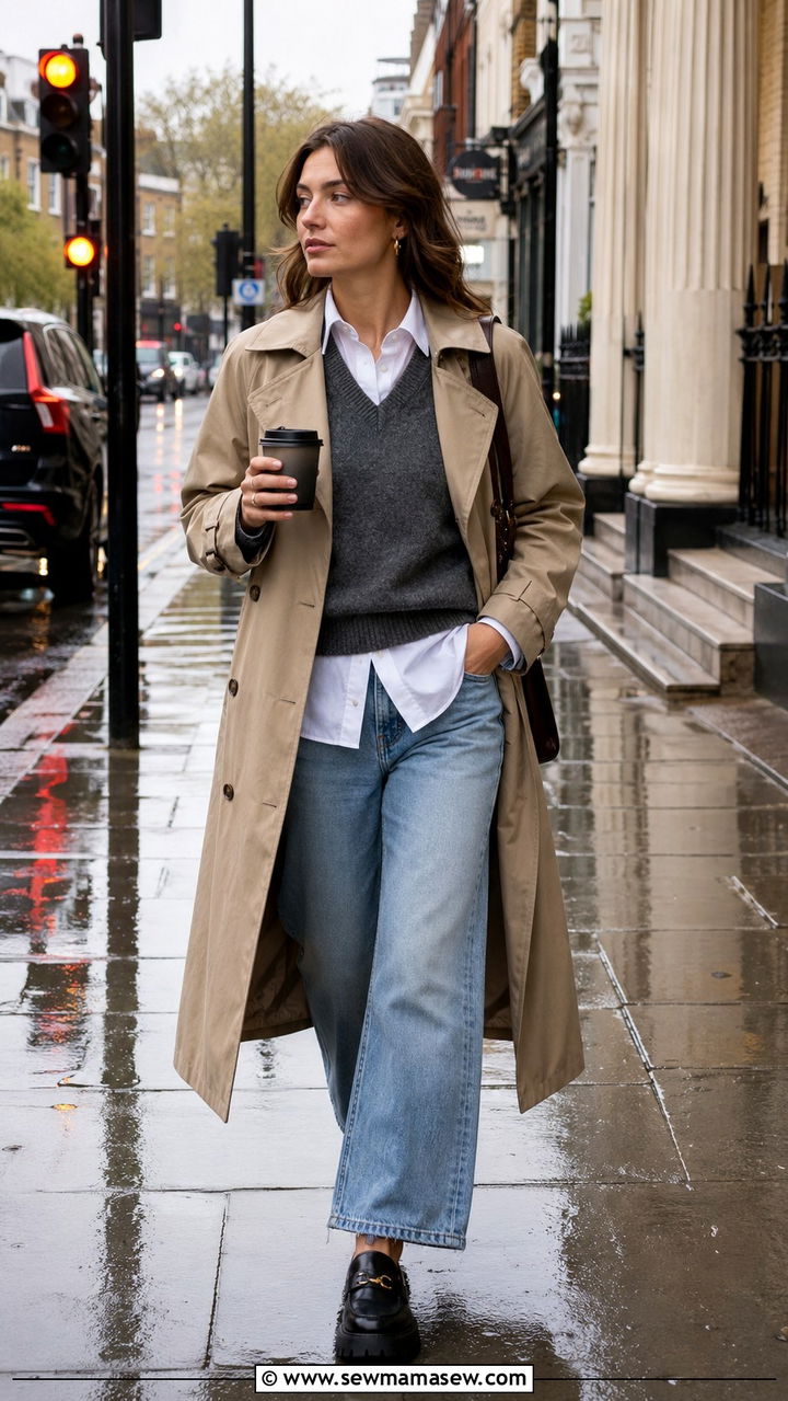 Khaki Trench Coat With A Sweater Vest And Wide Leg Jeans - 30 Khaki trench coat outfit ideas for rain