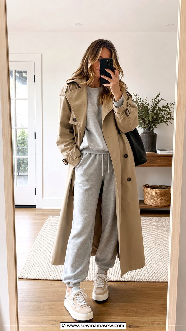 Khaki Trench Coat With A Sweatsuit And Platform Sneakers - 30 Khaki trench coat outfit ideas for rain