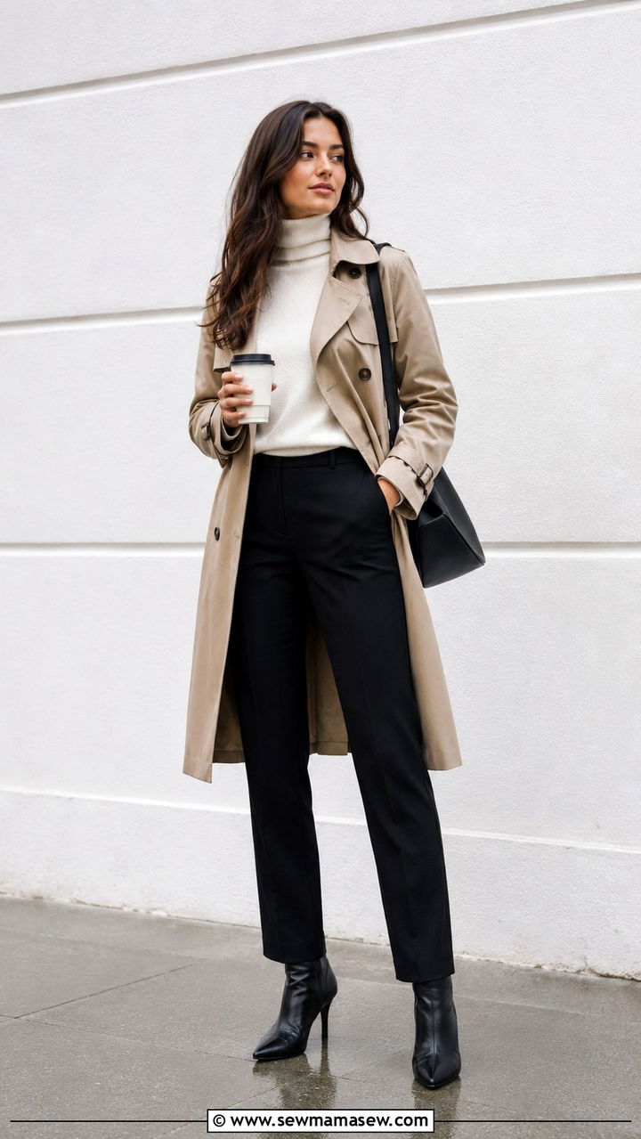 Khaki Trench Coat With A Turtleneck And Tailored Trousers - 30 Khaki trench coat outfit ideas for rain