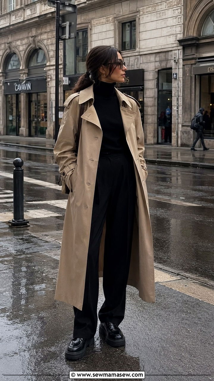 Khaki Trench Coat With All Black Outfit And Chunky Loafers - 30 Khaki trench coat outfit ideas for rain