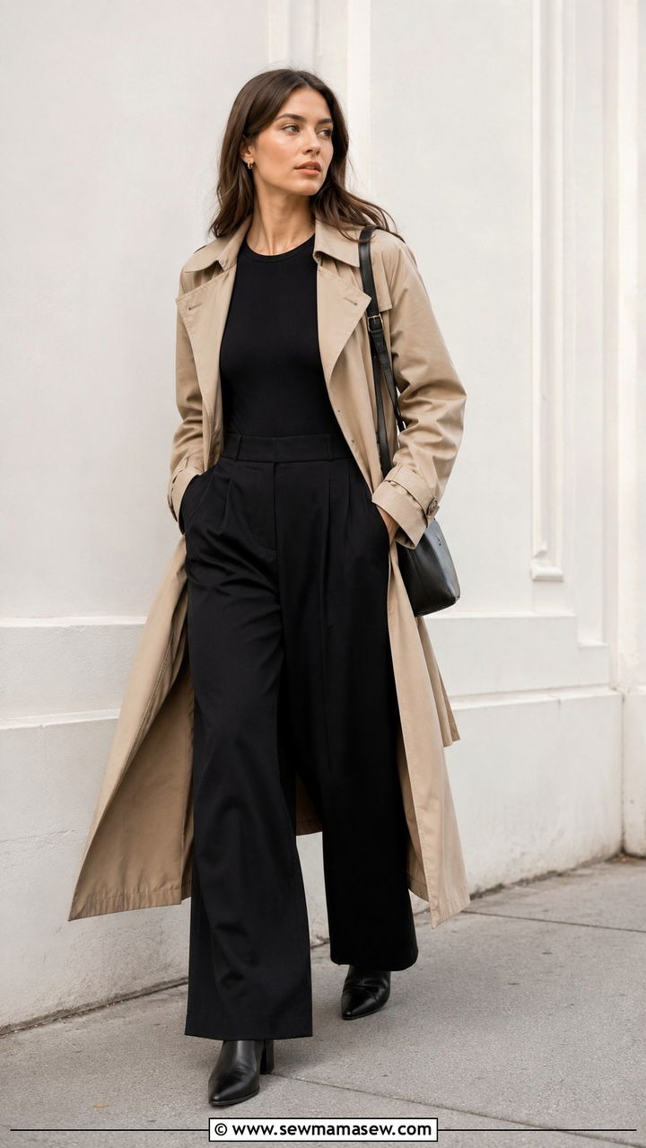 Khaki Trench Coat With All Black Wide Leg Outfit - 30 Khaki trench coat outfit ideas with wide leg pants