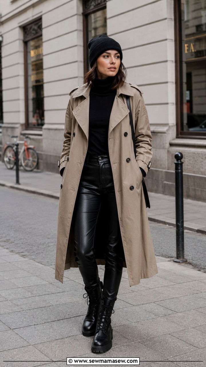 Khaki Trench Coat With Black Combat Boots And All Black Outfit - 30 Khaki trench coat outfit ideas with boots