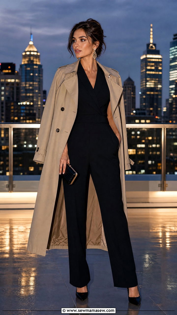 Khaki Trench Coat With Black Jumpsuit And Heels - 35 Khaki trench coat outfit ideas for spring