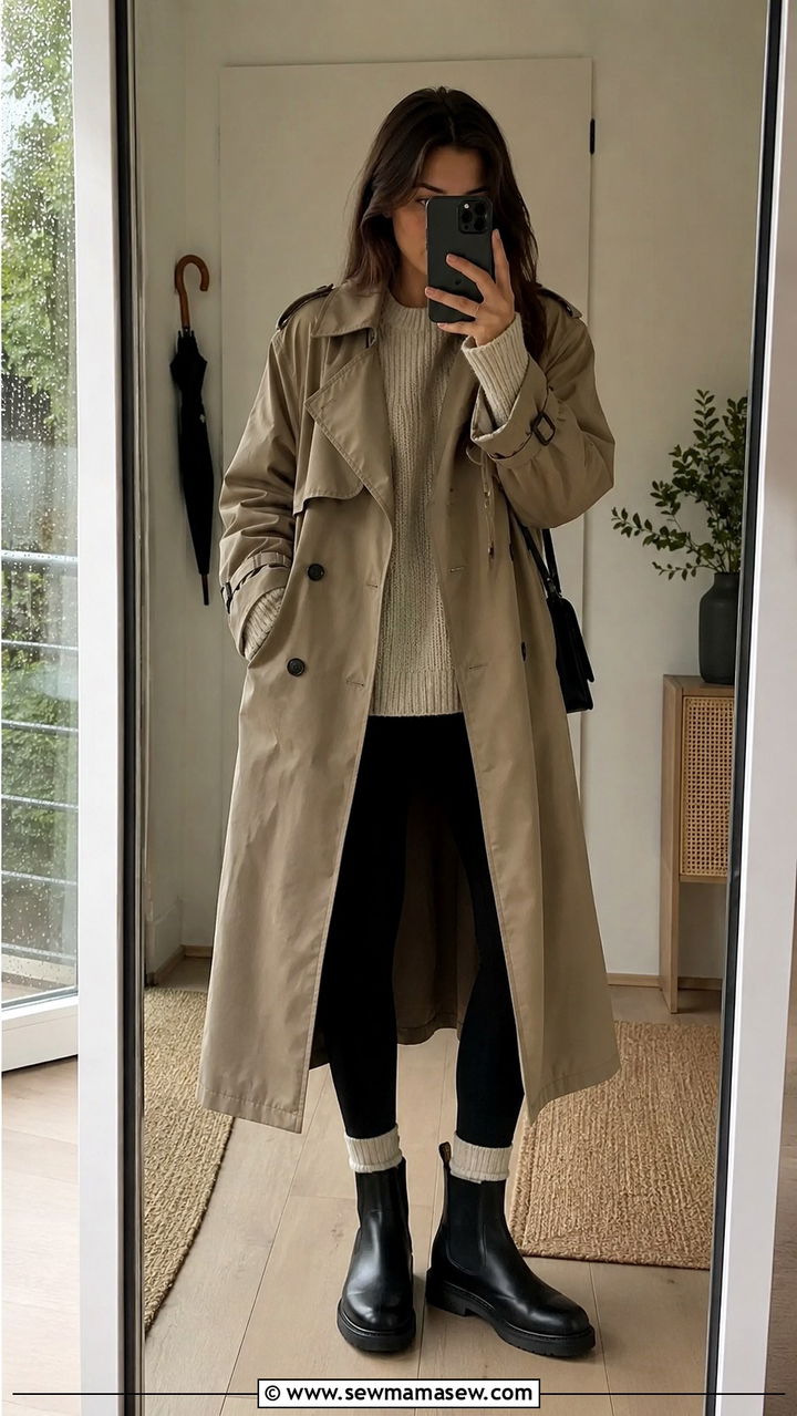 Khaki Trench Coat With Black Leggings And Chelsea Boots - 30 Khaki trench coat outfit ideas for rain