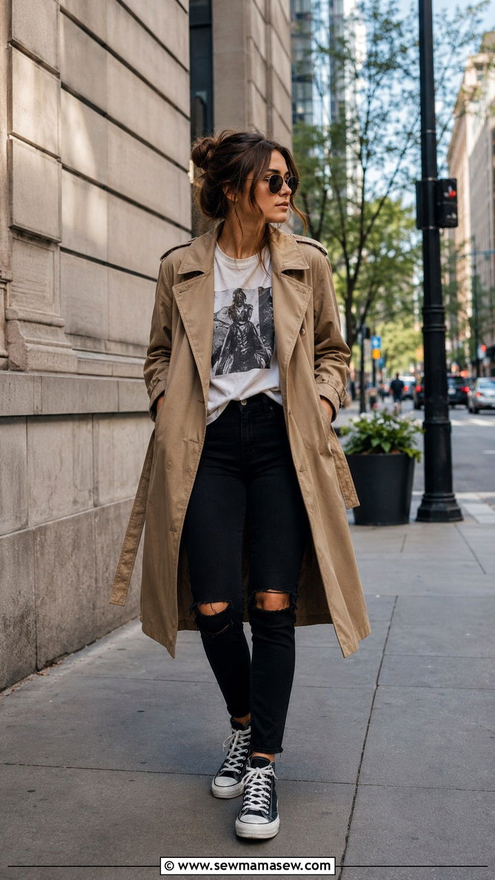 Khaki Trench Coat With Black Ripped Skinny Jeans And High Top Converse - 25 Black jeans outfit ideas with a trench coat