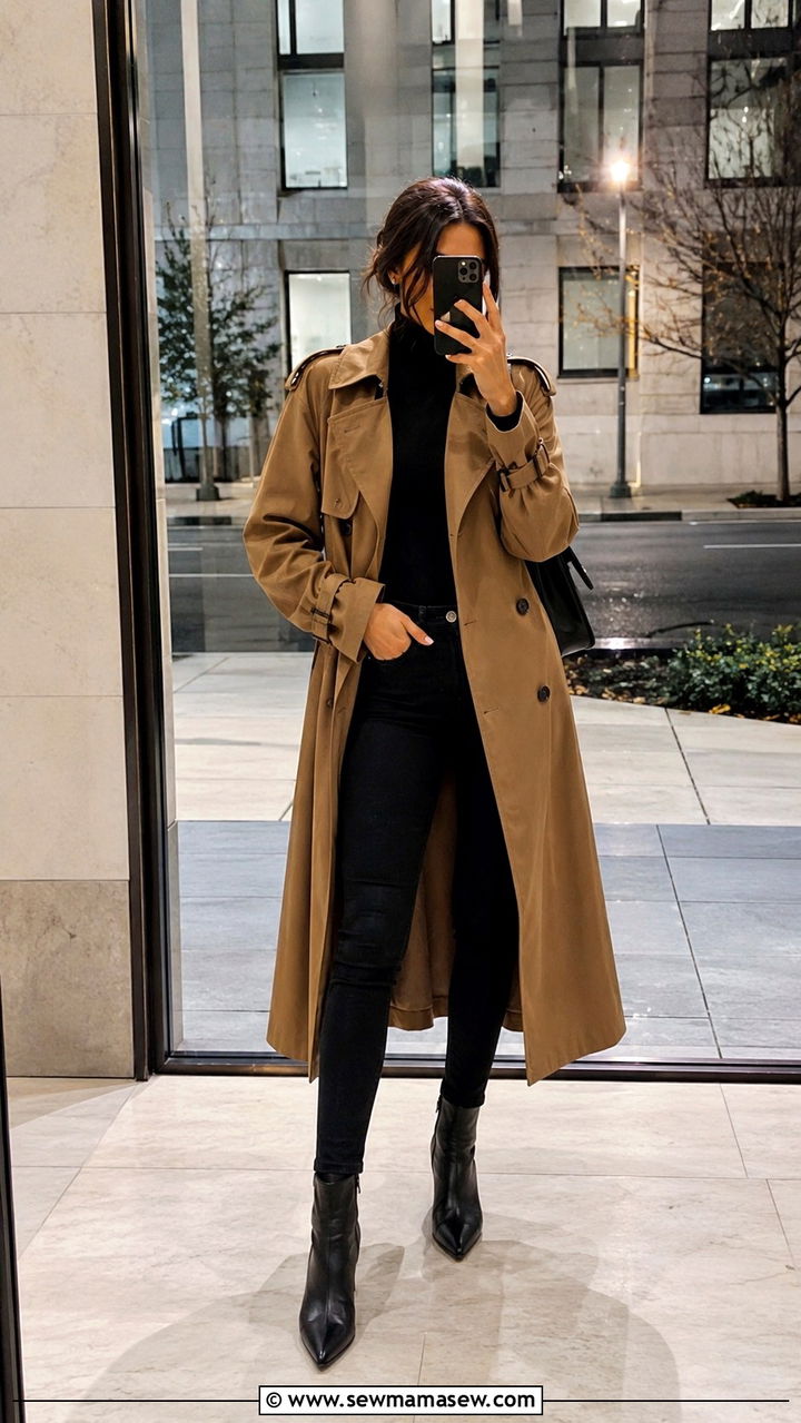 Khaki Trench Coat With Black Skinny Jeans and Ankle Boots - 30 Long trench coat outfit ideas with jeans