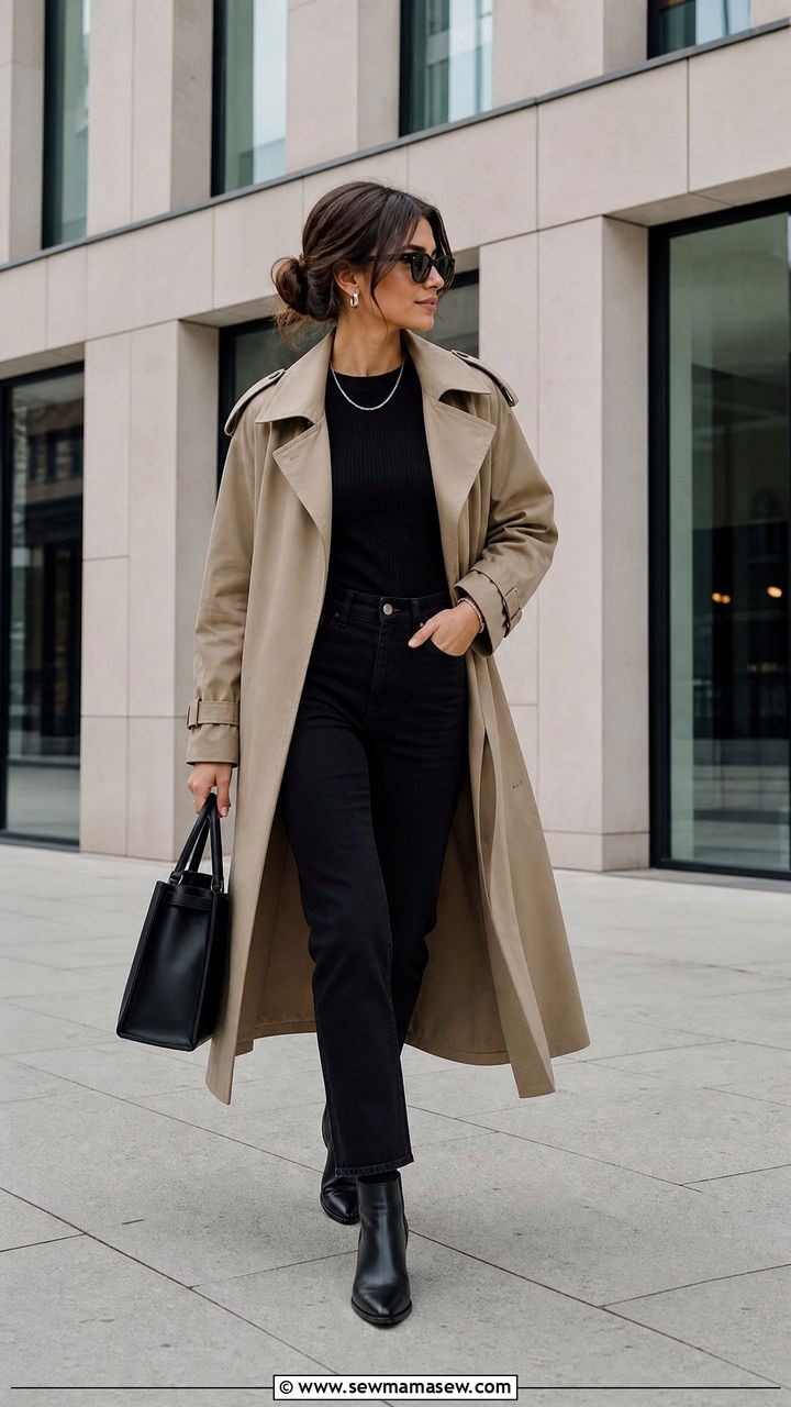 Khaki Trench Coat With Black Top And Black Jeans - 35 Khaki trench coat outfit ideas for spring