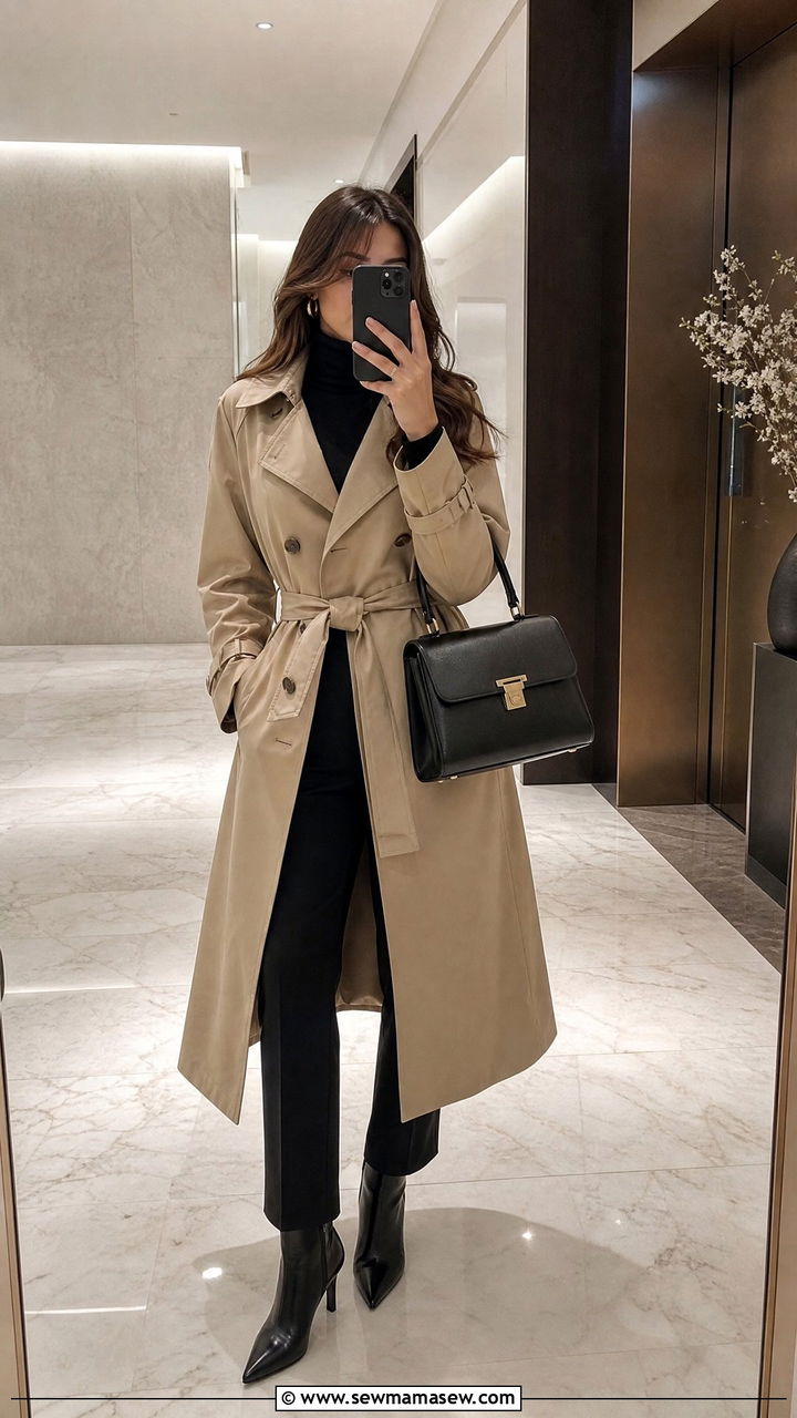 Khaki Trench Coat With Black Turtleneck And Black Pants - 35 Khaki trench coat outfit ideas for spring