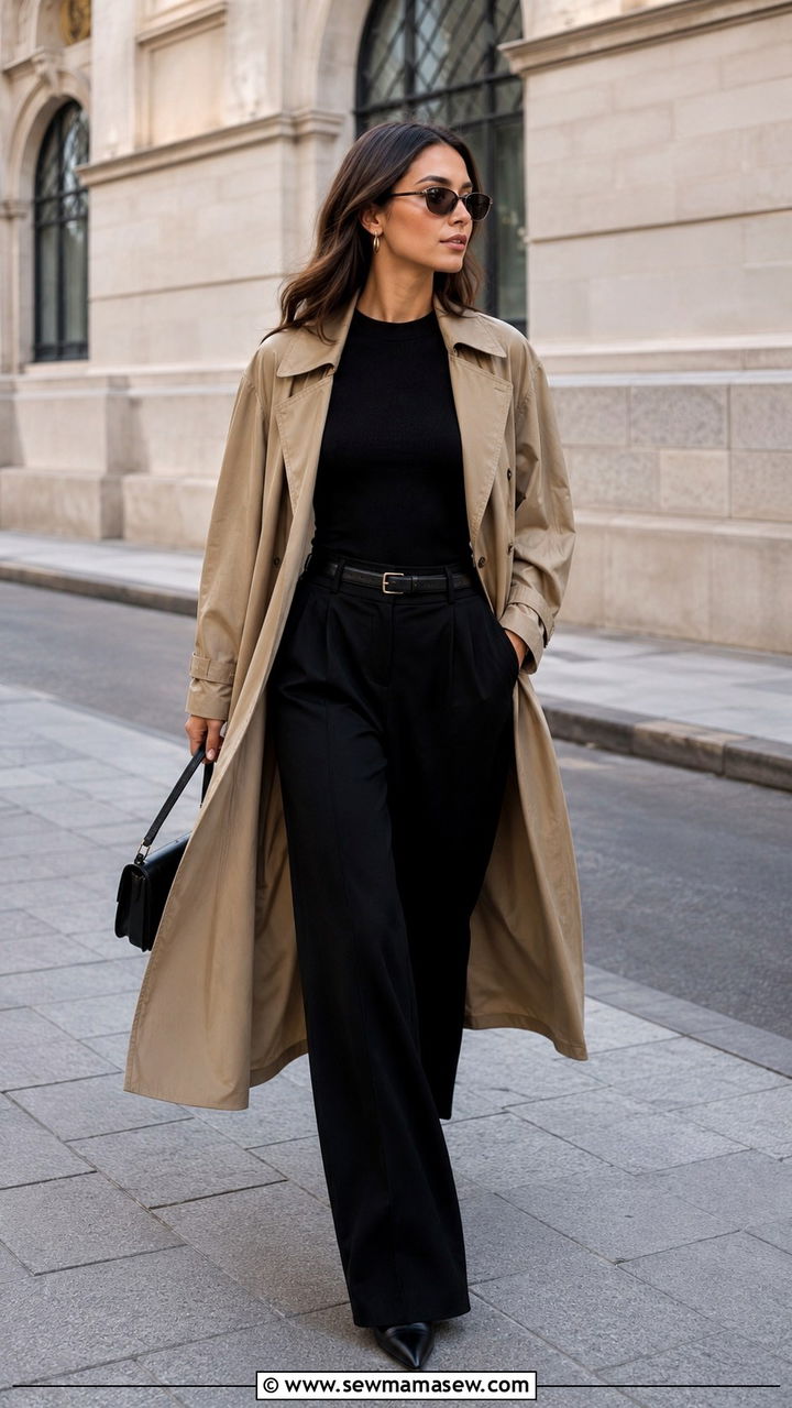 Khaki Trench Coat With Black Wide Leg Trousers - 30 Khaki trench coat outfit ideas with wide leg pants