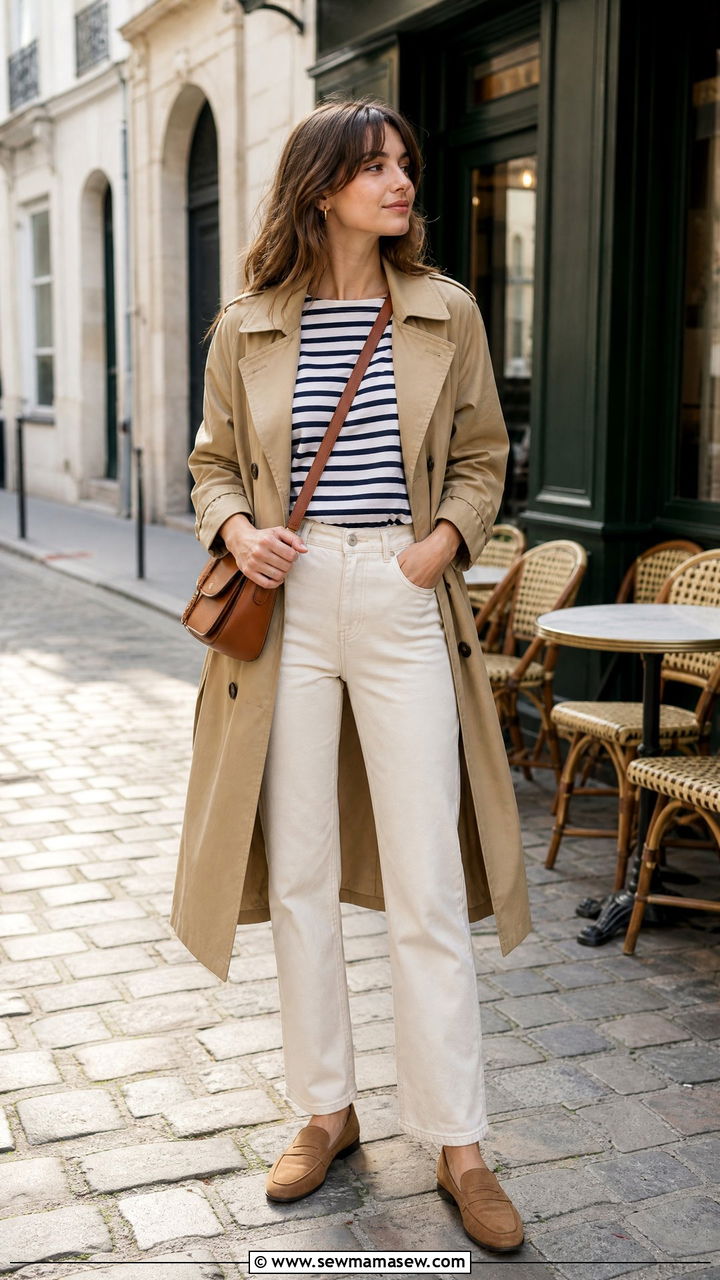 Khaki Trench Coat With Breton Stripe Top And Cream Jeans - 35 Khaki trench coat outfit ideas for spring