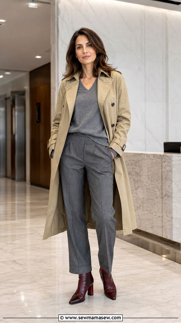 Khaki Trench Coat With Burgundy Boots And Grey Knitwear - 30 Khaki trench coat outfit ideas with boots