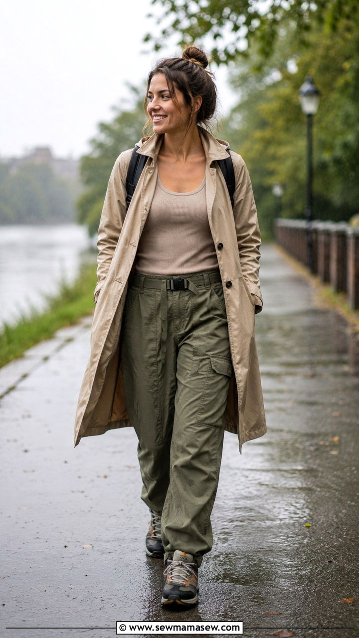 Khaki Trench Coat With Cargo Pants And A Tank Top - 30 Khaki trench coat outfit ideas for rain
