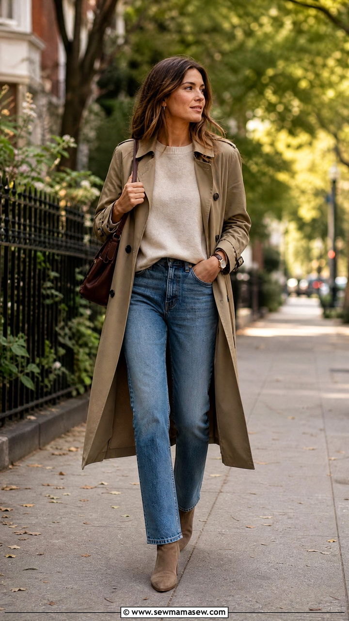 Khaki Trench Coat With Cashmere Sweater And Straight Leg Jeans - 35 Khaki trench coat outfit ideas for spring