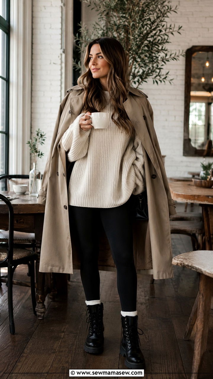Khaki Trench Coat With Chunky Boots And Black Leggings - 30 Khaki trench coat outfit ideas with boots