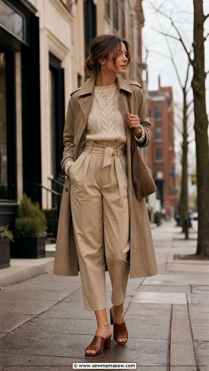 Khaki Trench Coat With Chunky Knit And Paperbag Pants - 35 Khaki trench coat outfit ideas for spring