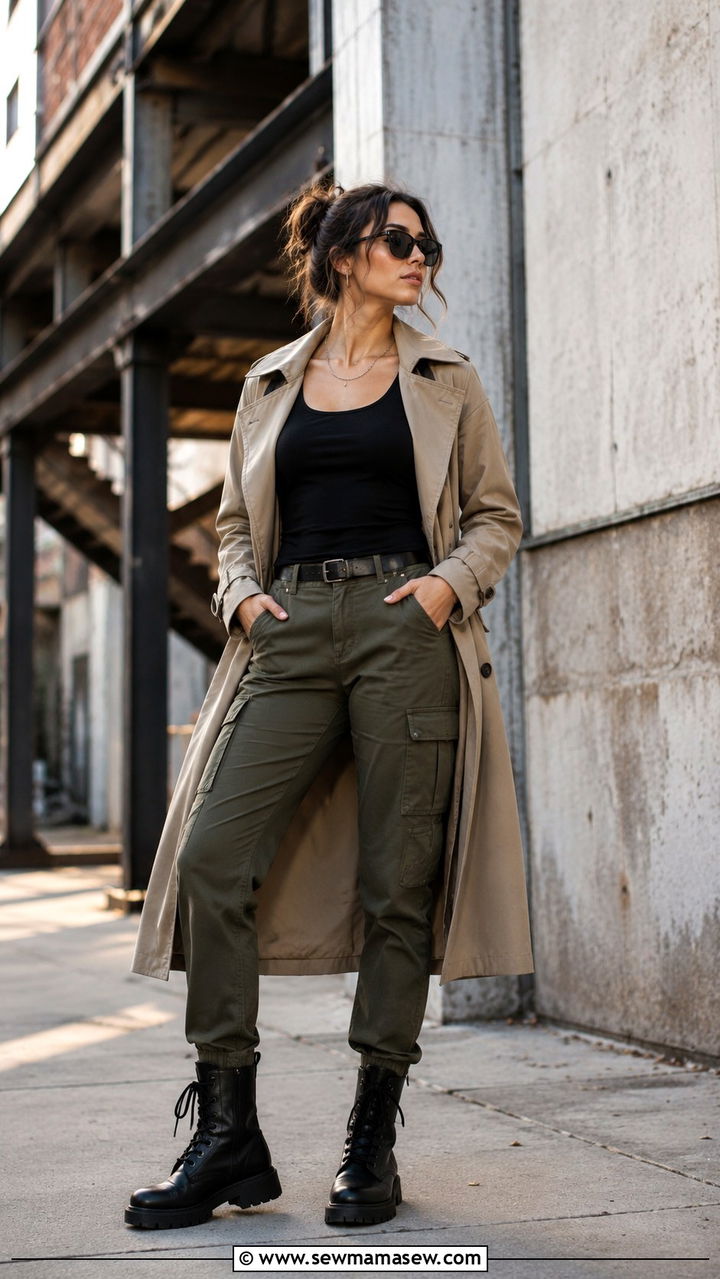 Khaki Trench Coat With Combat Boots And Cargo Pants - 30 Khaki trench coat outfit ideas with boots