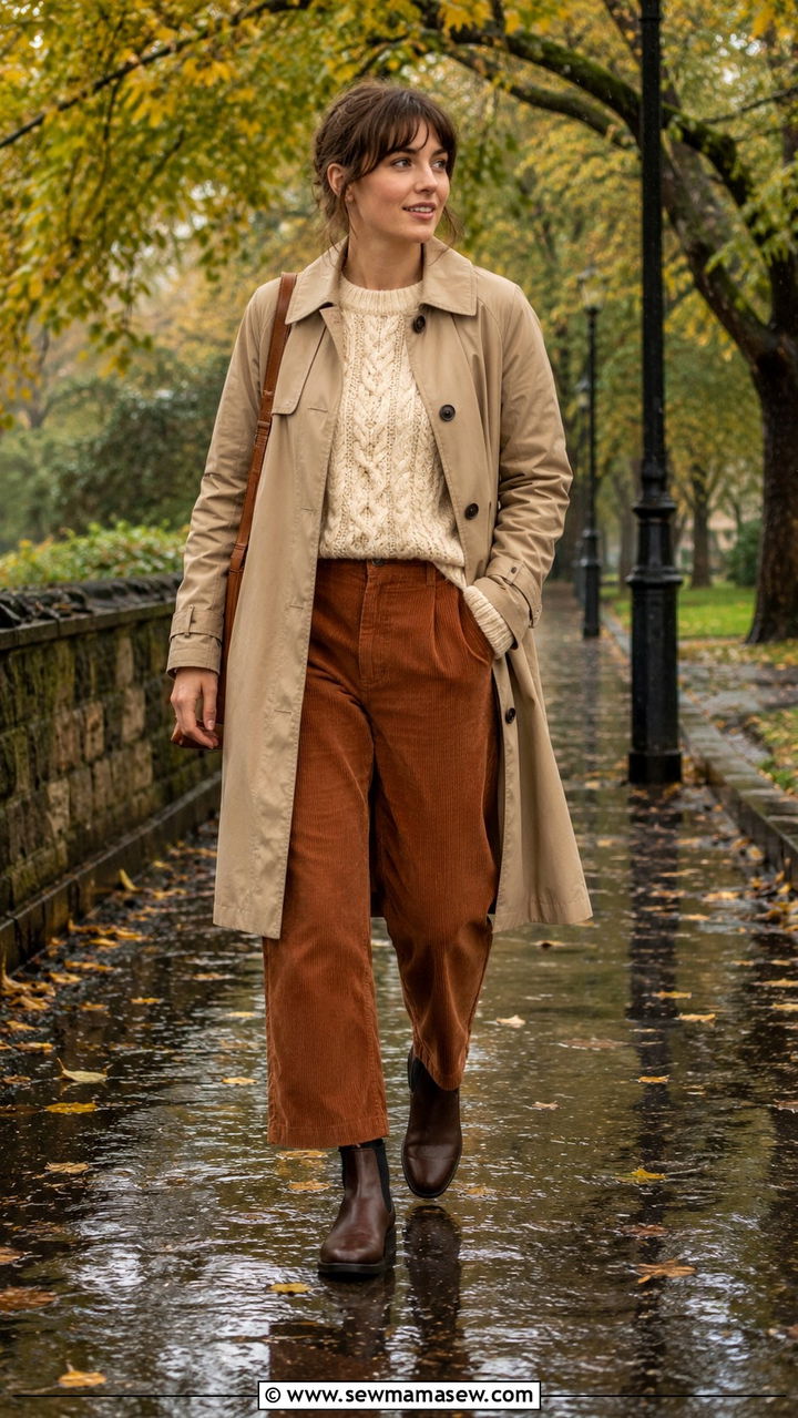 Khaki Trench Coat With Corduroy Pants And A Cable Knit Sweater - 30 Khaki trench coat outfit ideas for rain