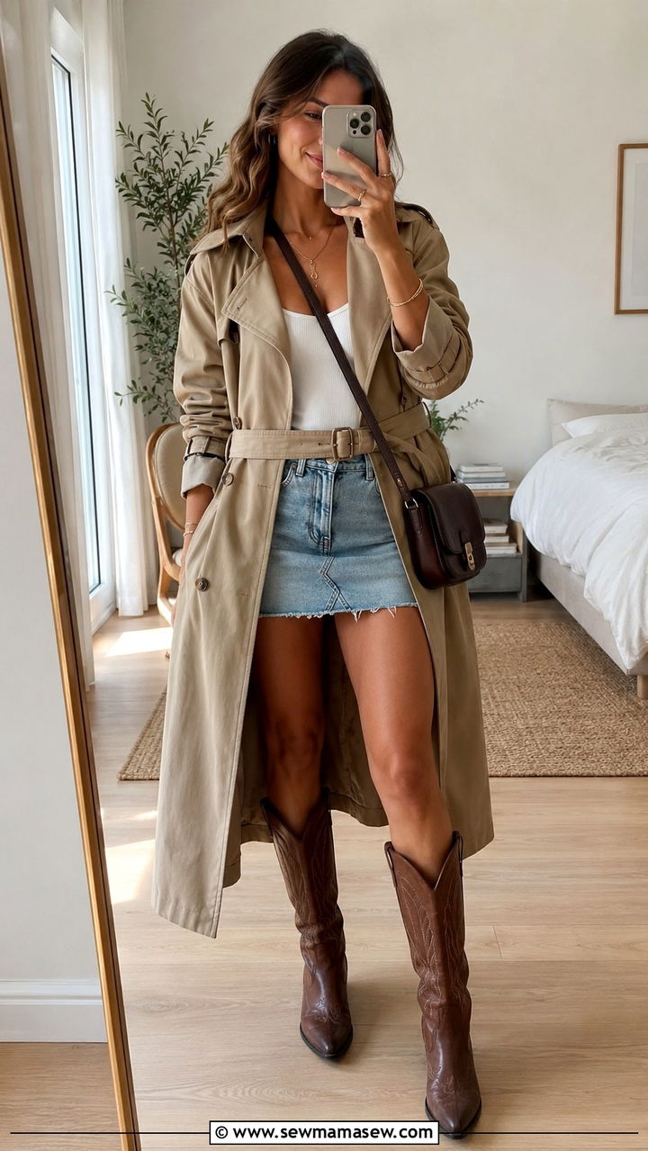 Khaki Trench Coat With Cowboy Boots And Denim Mini Skirt - 30 Khaki trench coat outfit ideas with boots