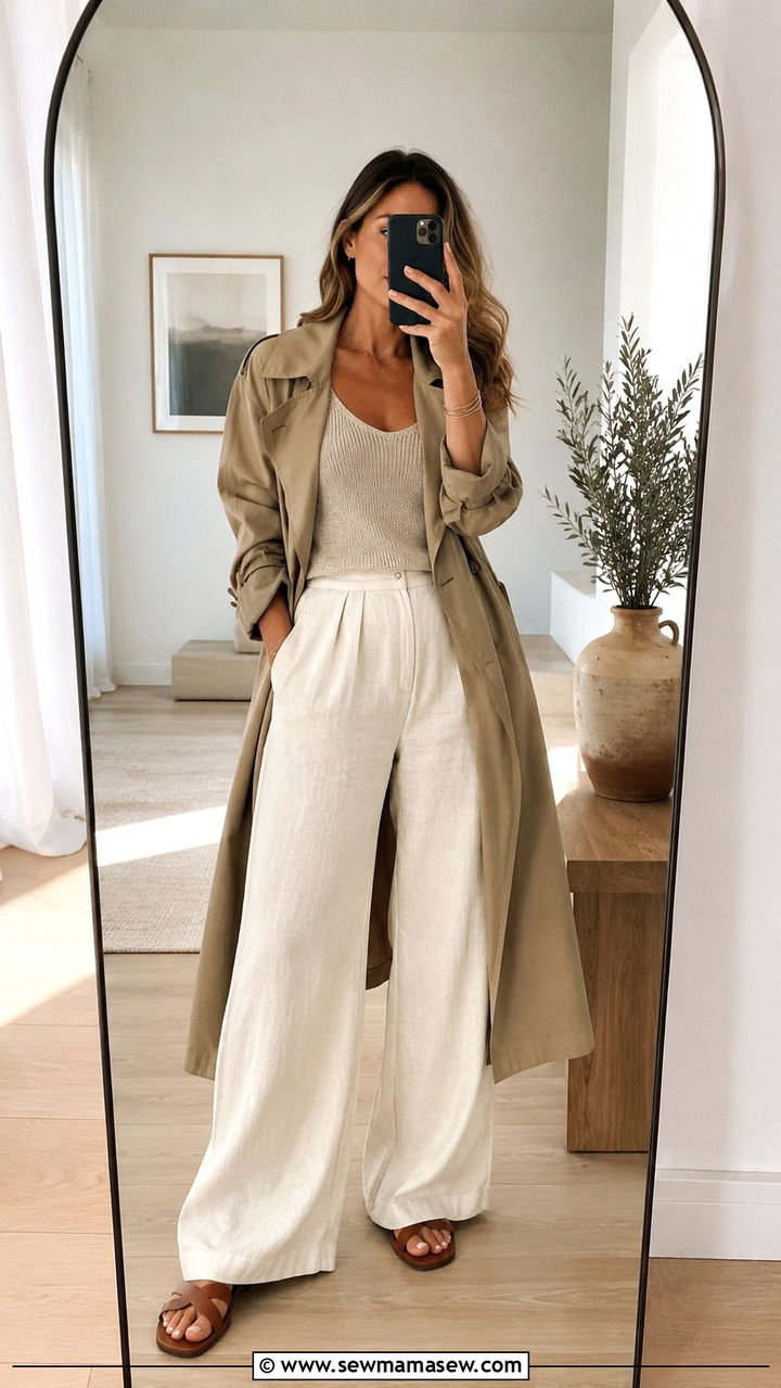 Khaki Trench Coat With Cream Wide Leg Linen Pants - 30 Khaki trench coat outfit ideas with wide leg pants