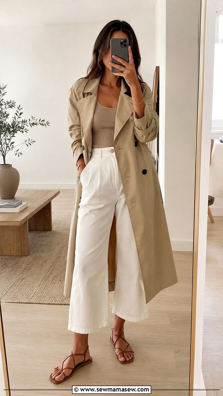Khaki Trench Coat With Cropped Wide Leg Pants - 30 Khaki trench coat outfit ideas with wide leg pants