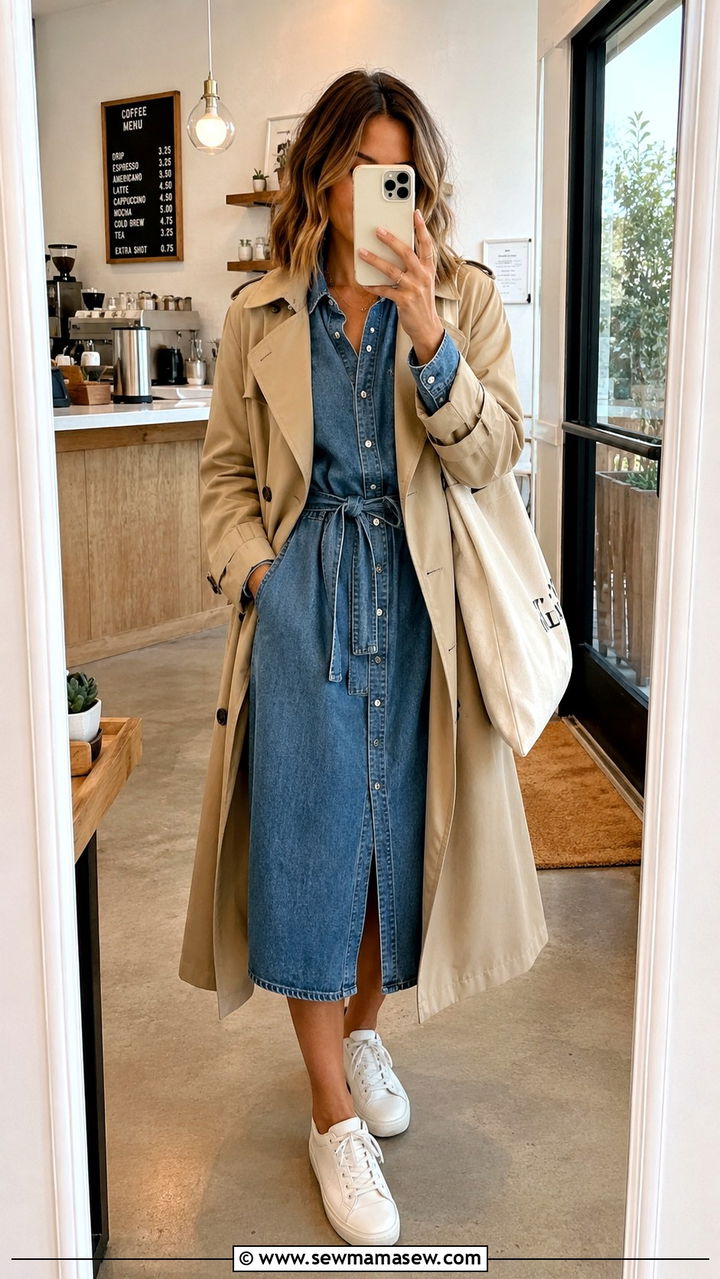 Khaki Trench Coat With Denim Shirt Dress - 30 Khaki trench coat outfit ideas with a dress