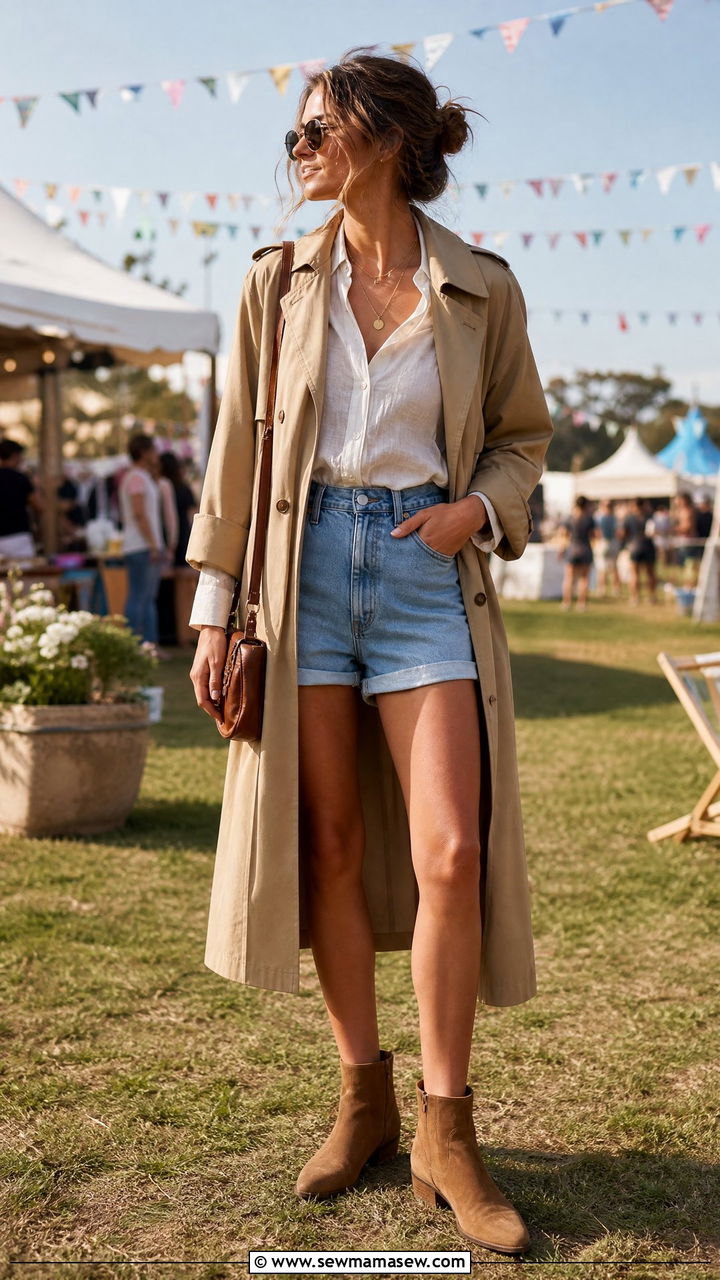 Khaki Trench Coat With Denim Shorts And Ankle Boots - 35 Khaki trench coat outfit ideas for spring