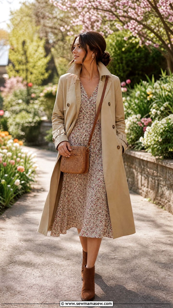 Khaki Trench Coat With Floral Midi Dress And Ankle Boots - 35 Khaki trench coat outfit ideas for spring