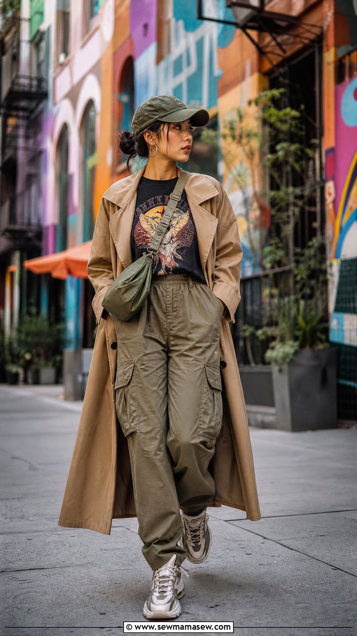 Khaki Trench Coat With Graphic Tee And Cargo Pants - 35 Khaki trench coat outfit ideas for spring