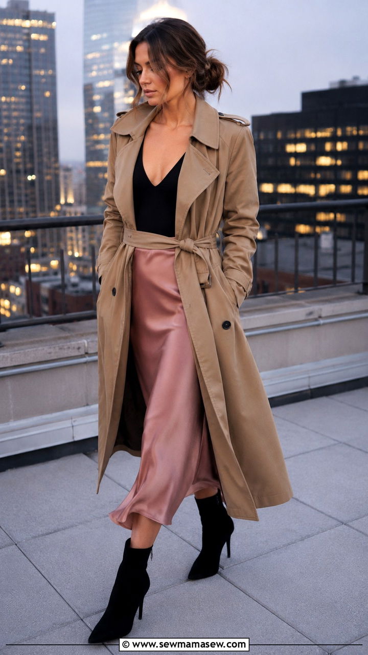 Khaki Trench Coat With Heeled Ankle Boots And Satin Midi Skirt - 30 Khaki trench coat outfit ideas with boots